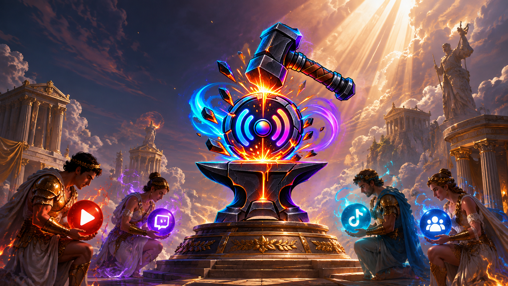 Logo StreamForge em um pedestal grego, homenageado por figuras em um cenário mitológico